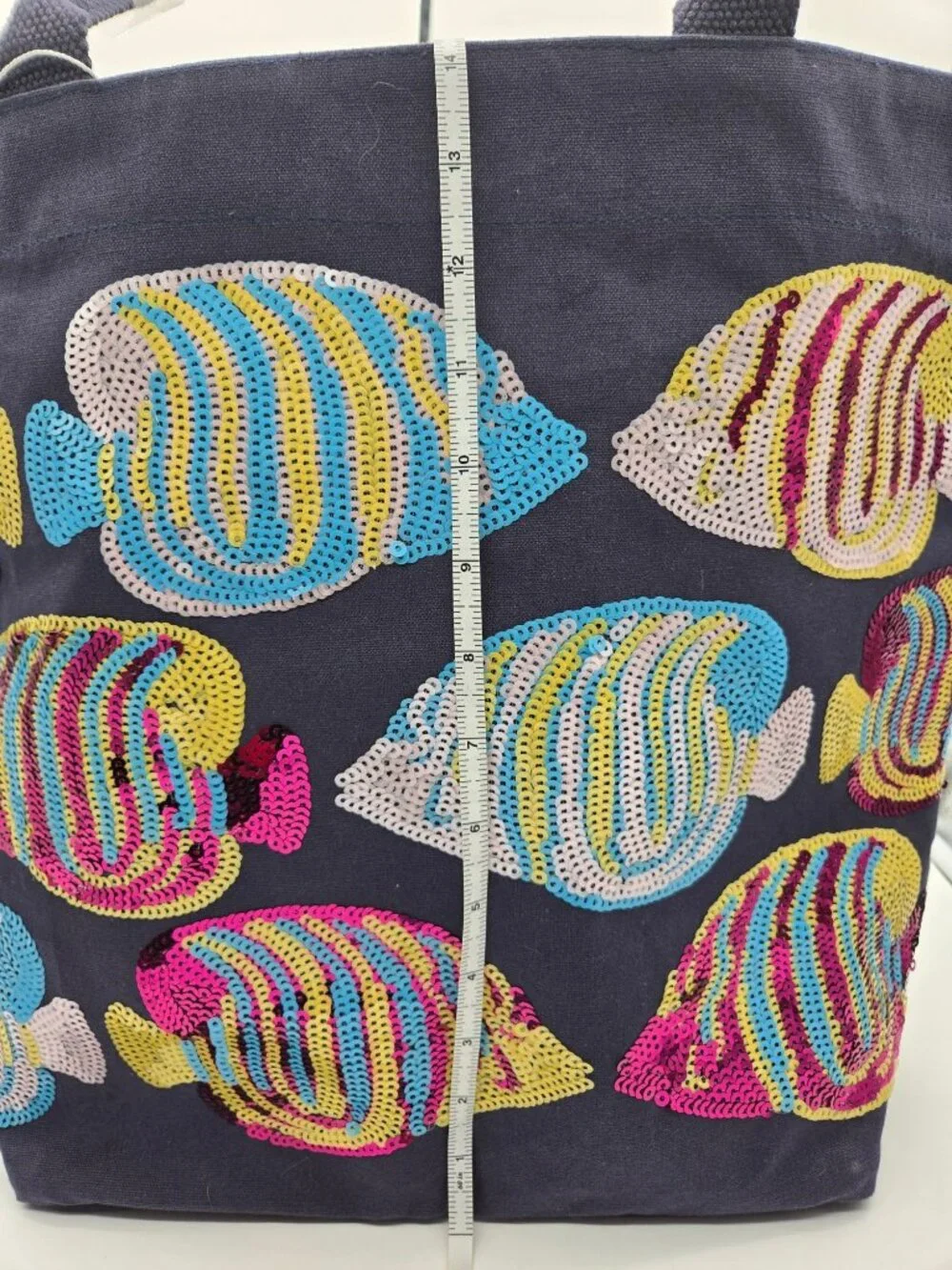 MudPie Navy Blue Canvas Sequin Fish Beach Tote Bag NWT Travel Pool Shopper